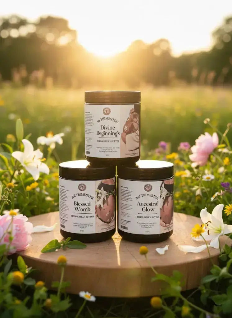Three jars of 'Divine Beginnings' product on a wooden stand with a natural background of flowers and greenery.