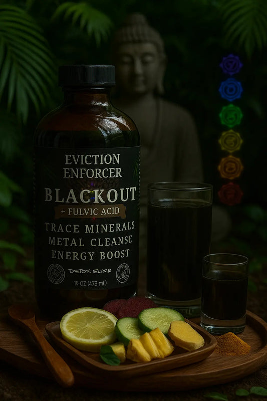 Bottle of 'Eviction Enforcer Blackout' with a Buddha statue and natural elements in the background