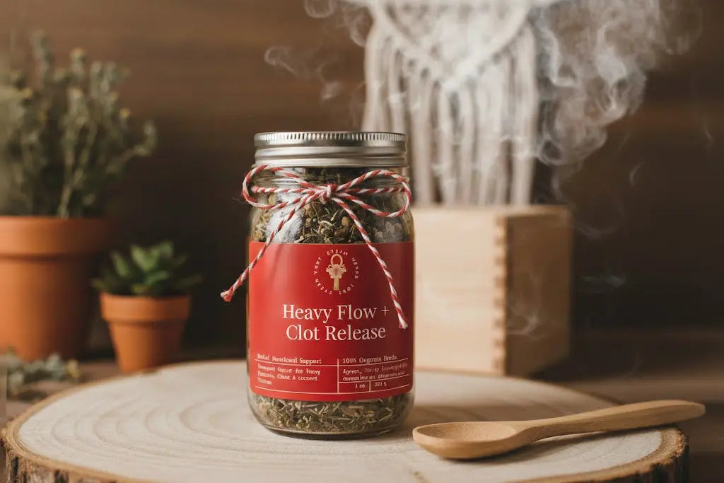 Jar labeled 'Heavy Flow + Clot Release' with a red label on a wooden surface, surrounded by plants and a wooden spoon.
