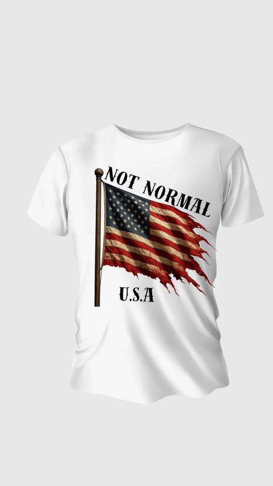 White t-shirt with American flag graphic and 'Not Normal U.S.A.' text on a white background