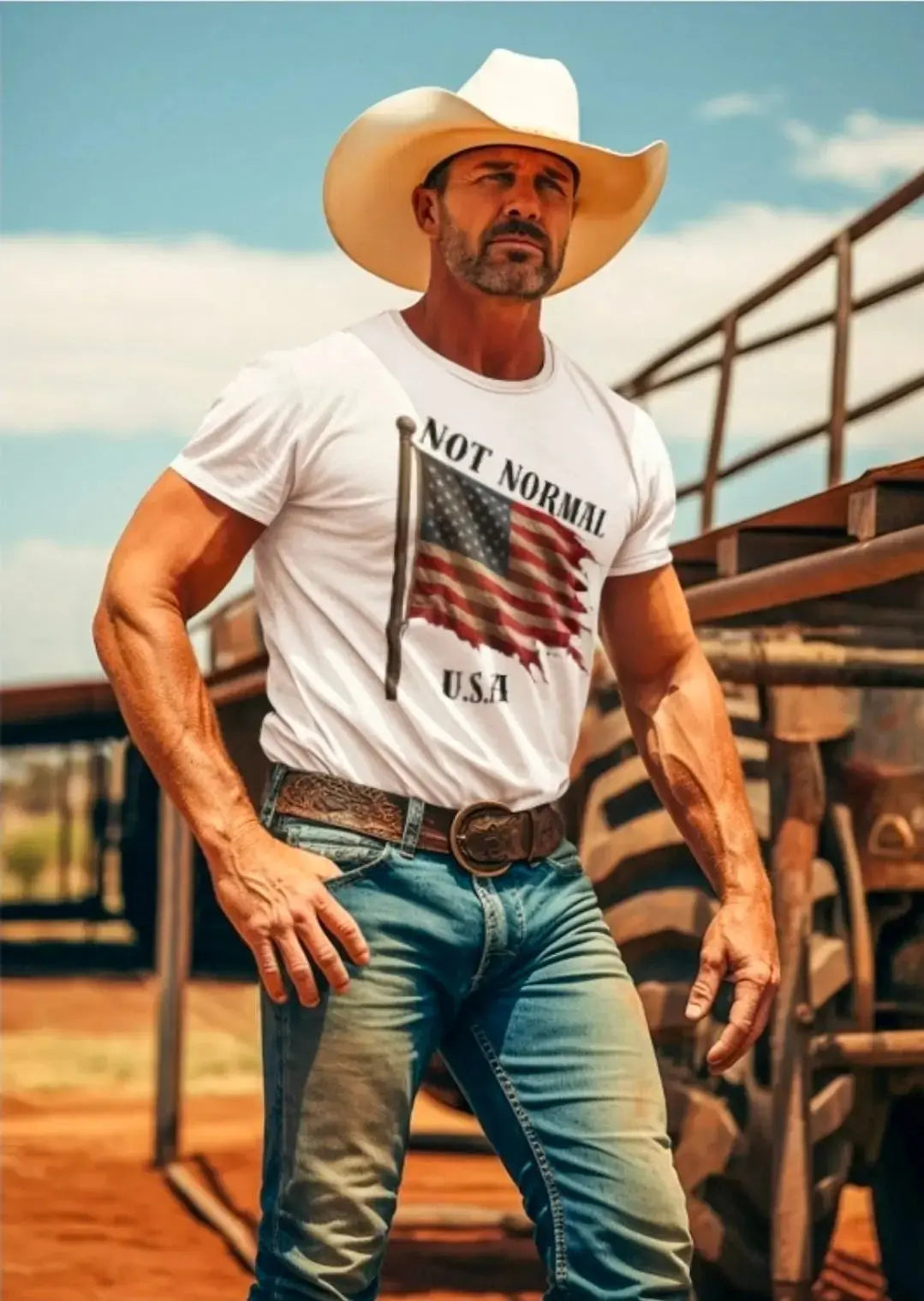 Man wearing a white t-shirt with an American flag graphic and text, standing outdoors.