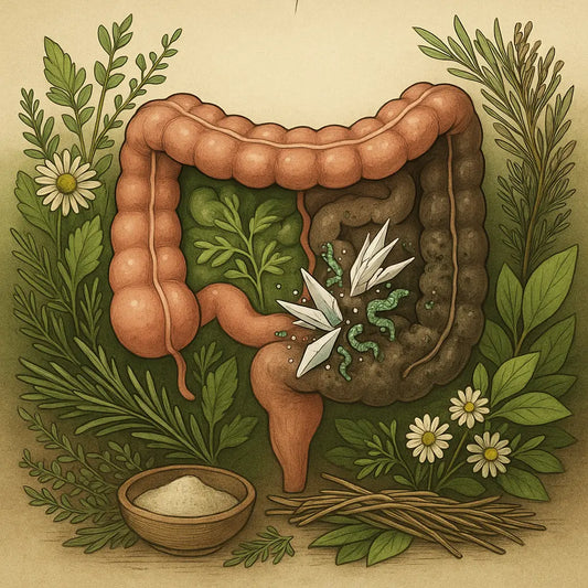 Illustration of intestines surrounded by flowers, symbolizing the cleansing benefits of food-grade diatomaceous earth.