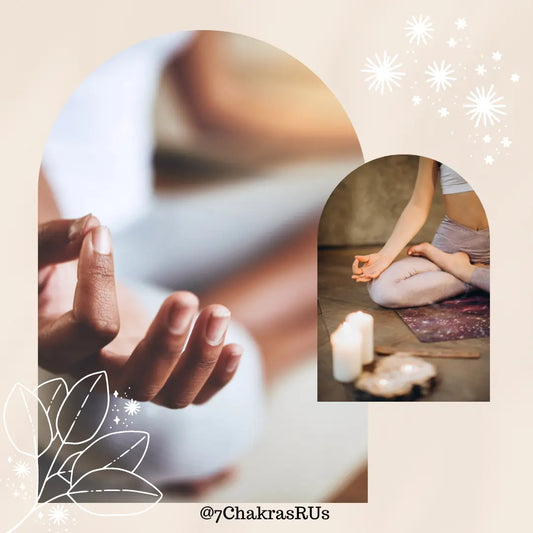 Crystals, herbs, and a person meditating symbolizing Monday Magic and turning Mondays into positivity – 7chakrasrus.