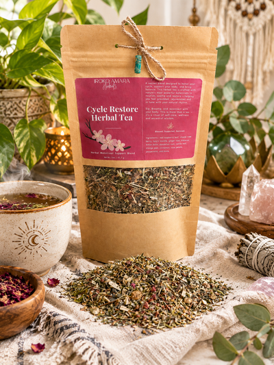 Cycle Restore | Herbal Menstrual Tea* 7chakrasrus with scattered herbs and a cup of tea