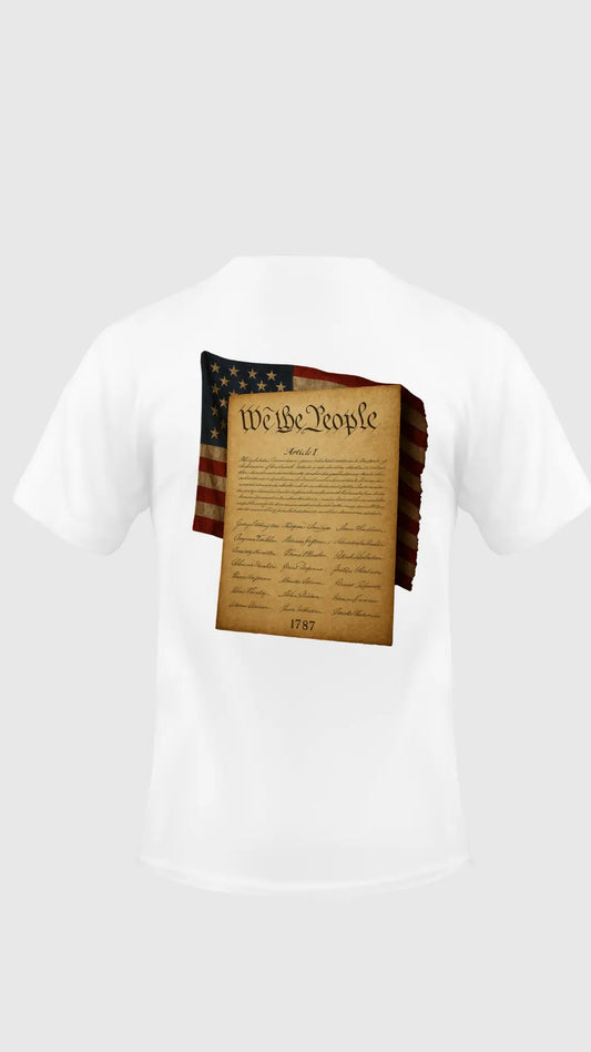 White t-shirt with a design of the American flag and the Constitution on a white background