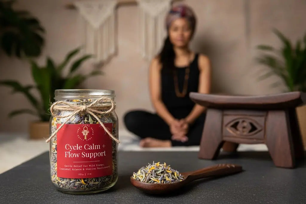 Jar labeled 'Cycle Calm + Flow Support' with a wooden spoon of herbs on a table, blurred figure in the background.