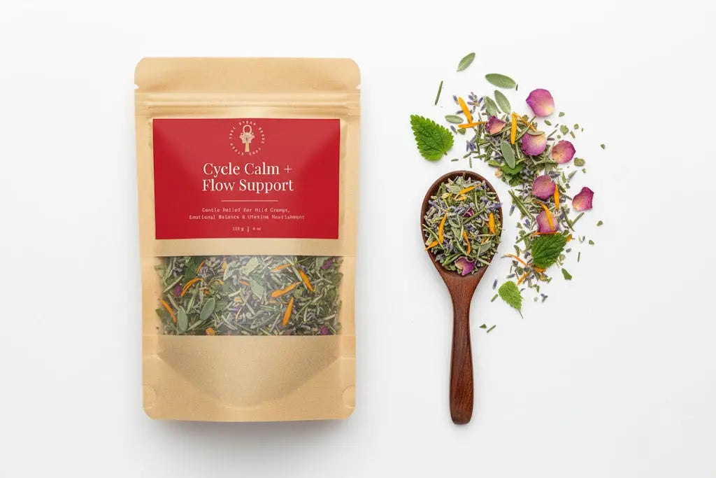 Tea package labeled 'Cycle Calm + Flow Support' with a wooden spoon of tea leaves on a white background