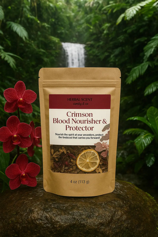 Bag of Crimson Blood Nourisher & Protector herbal wellness tea for blood support and detox with waterfall background