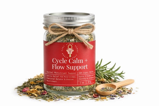 Jar of 'Cycle Calm + Flow Support' herbal mix with a red label on a white background