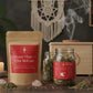 Herbal products with red labels on a wooden surface with decorative items in the background