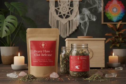 Herbal products with red labels on a wooden surface with decorative items in the background