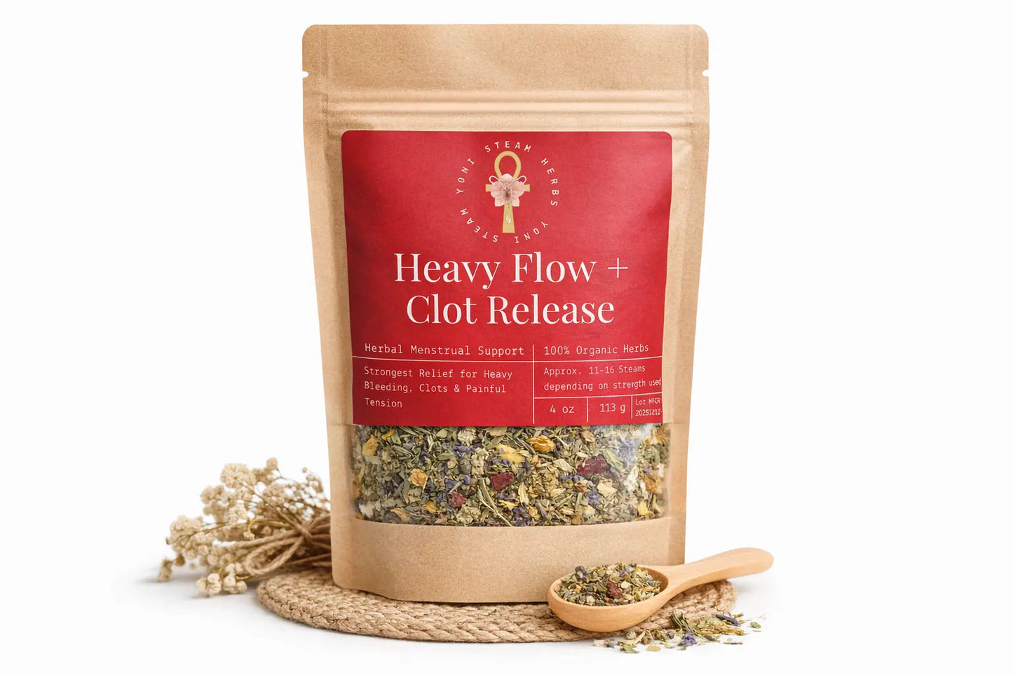 Herbal supplement package labeled 'Heavy Flow + Clot Release' on a white background
