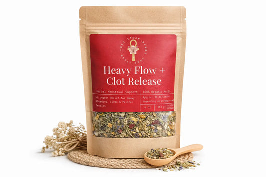 Herbal supplement package labeled 'Heavy Flow + Clot Release' on a white background