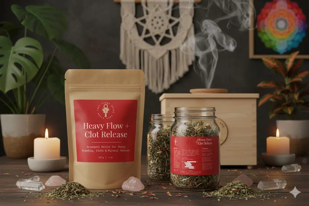 Herbal products with red labels on a wooden surface with decorative items.