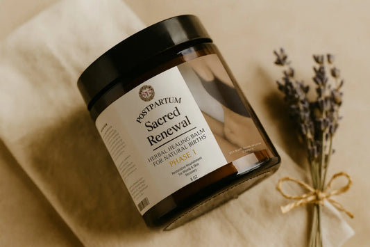 Jar of 'Sacred Renewal' cream with a label on a beige background