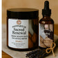 Postpartum Sacred Renewal herbal healing balm and oil on a wooden surface with a blurred background